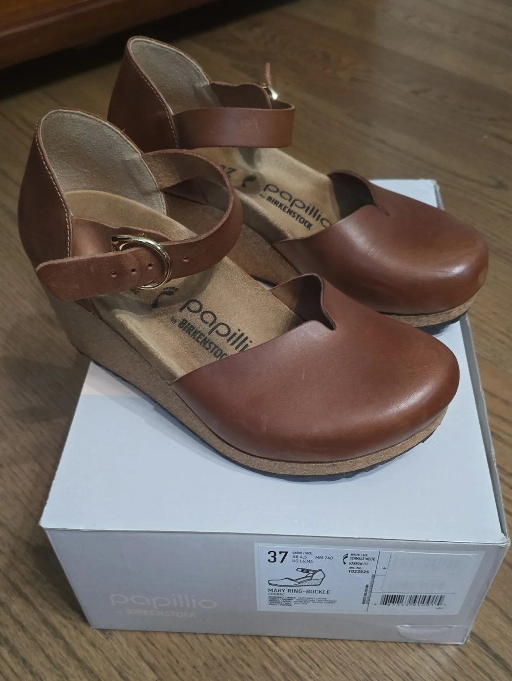 Papillio Cognac Mary Ring-Buckle Ankle Strap Wedge Sandals - Birkenstock 37
